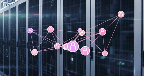 First pink nodes appearing on left starting network web with central node 스톡 동영상 309681116