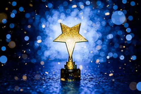 First place in a computer game. Winner certificate. Gold star on a blue backg Stock Illustration