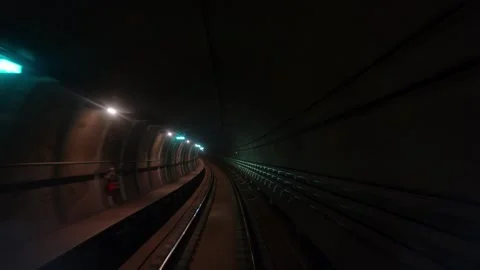 First point view of automatic train moving in subway tunnel without driver Video stock 283349115