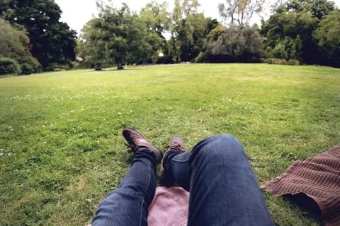First point of view of a man chilling at the park in leisure time Stockfoto's