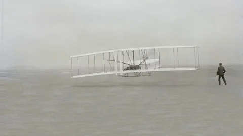 First powered flight, Kitty Hawk, USA. Orville Wright, cinemagraph Stock Footage 122176019