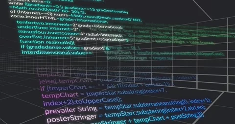 First pseudocode appearing near top starting code panels expanding grid rotating Video stock 317184113