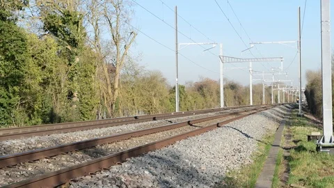 First Rail long distance train on track Stock Footage 103549737