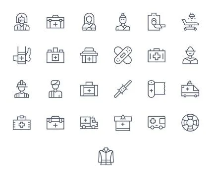 First Responder Retina Ready Vector Icon Pack with 25 Regular Line Grid Fit.. Stock-Illustration