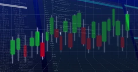 On first second 3D candlestick chart emerging tilting with code scrolling Stock Footage 317118613