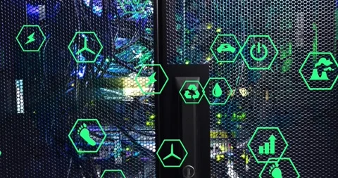 At first second hex icons appearing over server rack and shifting to visualize Stock Footage 330344814