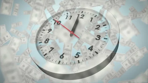 At first second red hand rotating on wall clock with bills swirling to Stock Footage 313494709