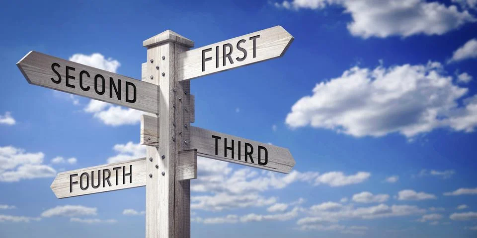 First, Second, Third, Fourth - wooden signpost with four arrows - 3D renderin 库存插图
