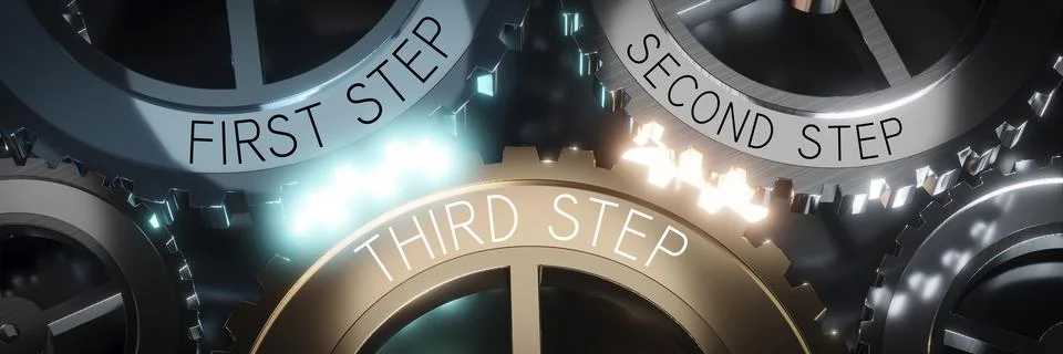 First, second, third step - gears concept - 3D illustration 스톡 일러스트