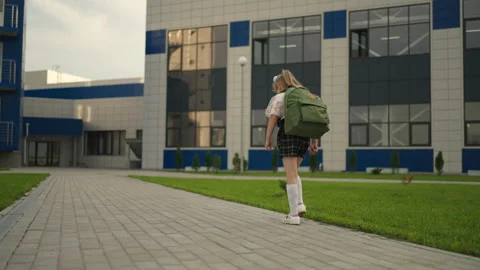 First September, Start Of Educational Year, Little Schoolgirl With Backpack Video stock 249019655