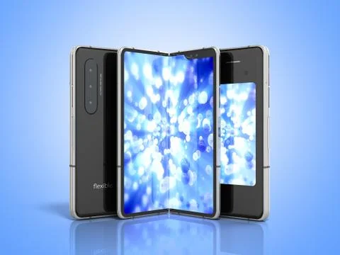 First serial flexible phone 3d render on blue background Stock Illustration