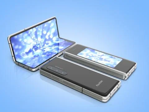 First serial flexible phone 3d render on blue background Stock Illustration