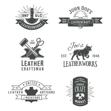 First set of grey vector vintage craft logo designs, retro genuine leather tool 库存插图