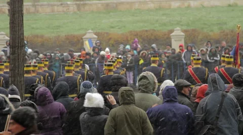 First Snow, Big Crowd Waiting A Military Parade, National Day, Winter, Pan Stock Footage 55030445