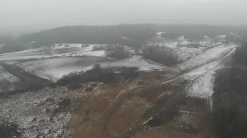 First Snow Covered Fields During Winter, Pan Aerial Vídeo Stock 149065433