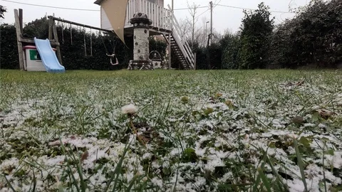 First Snow in the garden and tree house Time Lapse Stock Footage 101936536