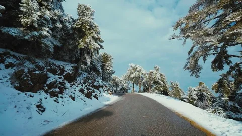 First Snow On The Mountain Forest road, Winter Driving Plate Stock Footage 84779228