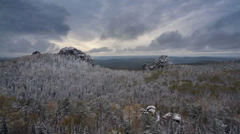The first snow in the reserve. Time lapse Stockbeeldmateriaal 58943214
