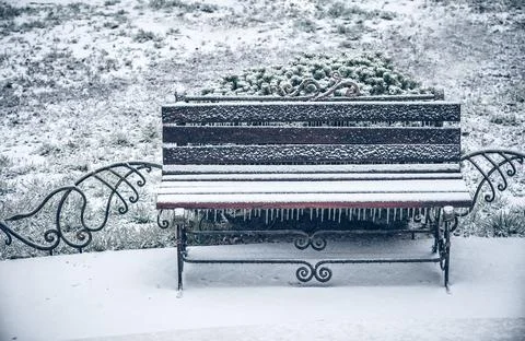 First snow of winter bench 스톡 사진