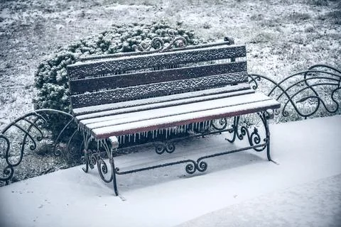 First snow of winter bench 스톡 사진