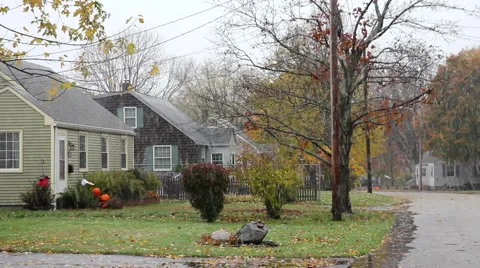 First snowfall in a quiet New England neighborhood Stock Footage 43258440