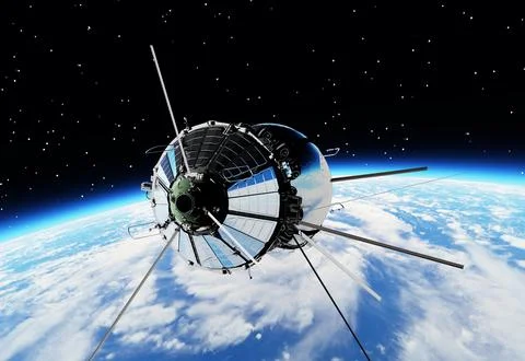 The first spaceship at the orbit. 3D Illustration. Stock Illustration