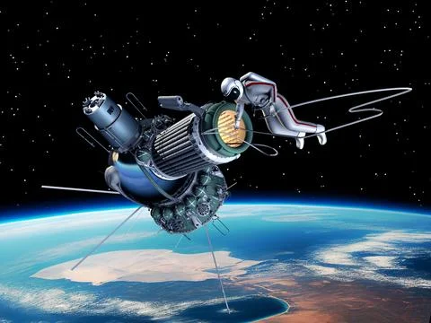 First spacewalk. 3D Illustration. Illustrazione stock