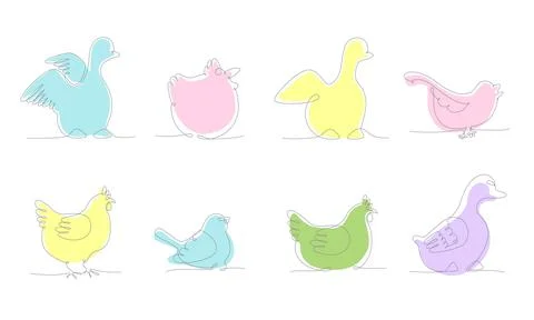 First spring birds set hand draw continues one line. Vector stock illustration 스톡 일러스트