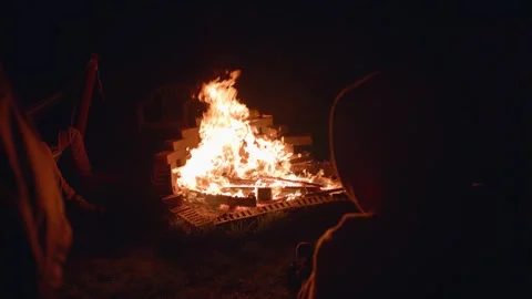The first spring fire with friends Stock Footage 152528035