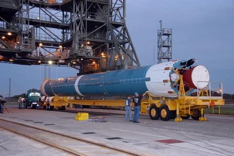 The first stage of a United Launch Alliance Delta II rocket moves into pla... Stock Photos