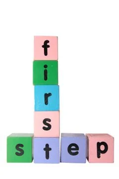 First step in toy play block letters with clipping path Stock Photos