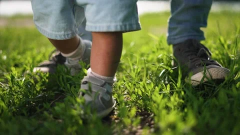 First steps of child in nature.Child,with help of his father, takes his first Vídeo Stock 255239407