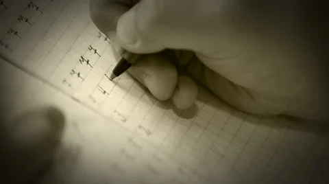 First steps in writing math pupil writes digits in square grid graph paper Stock Footage 51624988