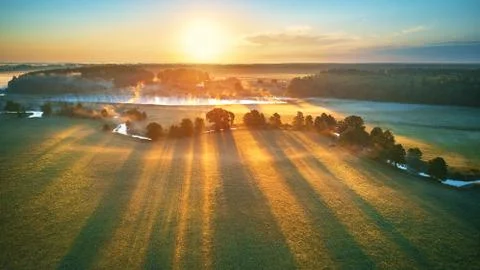 First sunrays over green meadow and field. Sunny summer calm morning panorama Stock Photos