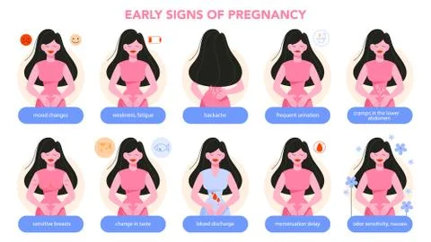 First symptoms of pregnancy set. Weakness and backache Stock Illustration