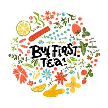 But first tea. Hand drawn floral pattern linear calligraphy lettering quote v Illustrazione stock