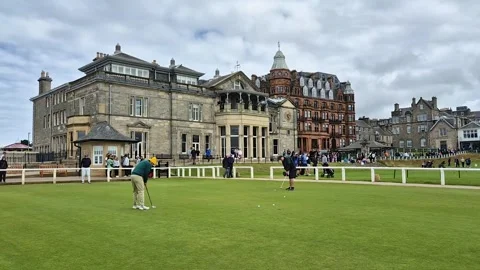 First tee and R and A headquarters building, St Andrews, Scotland Stock Footage 280068687