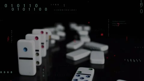 First tile tipping starting white domino cascade, binary or C++ code growing Video stock 330003336