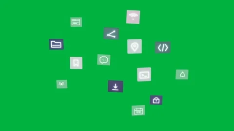 First tiles, icons joining into rotating cloud thinning to few showing apps on Stock Footage 334726990
