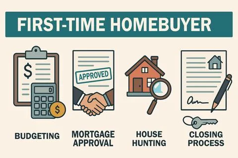First time homebuyer process steps budgeting mortgage approval house huntin.. Ilustração Stock