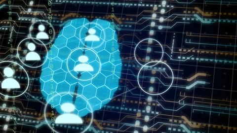 First users appearing left sparking central brain pulsing and icons orbiting Stock Footage 334337832