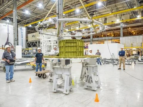 The first welded part of Artemis I Orion, the forward bulkhead and Stock Photos