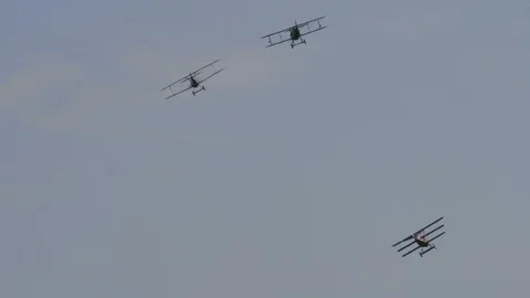 First World War biplane and triplane historic vintage aircrafts in flight Stock Footage 97861864