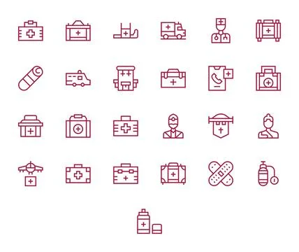 Firstaid Grid Fitted Vector Set with 25 128x128 Regular Line Icons イラスト素材