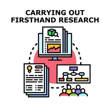 Firsthand research process with data analysis and team collaboration Stock Illustration