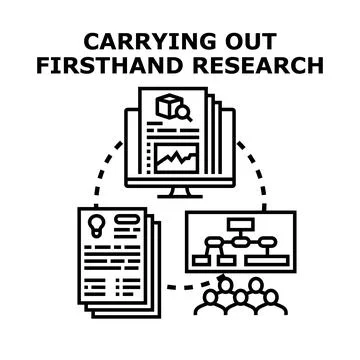 Firsthand research process with data analysis and team collaboration Stock Illustration