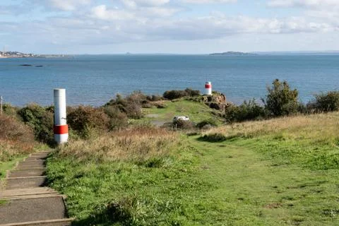 Firth of Forth estuary and two lighthouses in Aberdour. Ha Lighthouse Stock Photos
