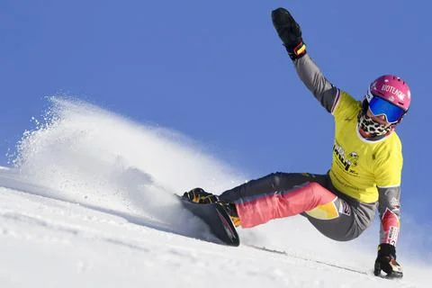 FIS Alpine Snowboard Parallel Giant Slalom race, in Scuol, Switzerland - 09 Jan  库存照片