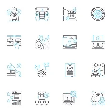 Fiscal dilemma linear icons set. Budget, Debt, Deficit, Taxes, Inflation Stock Illustration