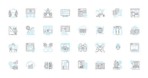Fiscal figures linear icons set. Budget, Revenue, Expenditure, Deficit, Surplus Stock Illustration